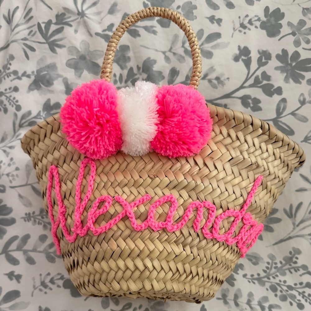 ALEXANDRA Pink and White Pom-Pom Straw Bag